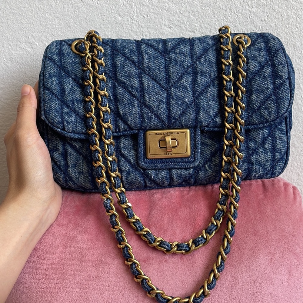 Karl Lagerfeld blue quilted Agyness denim crossbody shoulder bag gold chain